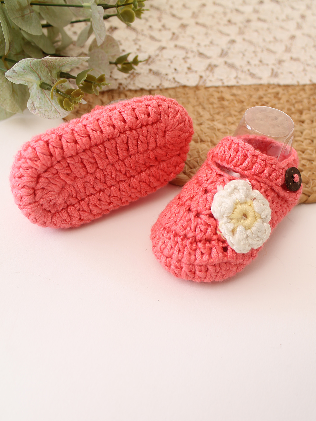 Woonie Cotton Bamboo Floral Applique Detailed  Summer Booties  Peach