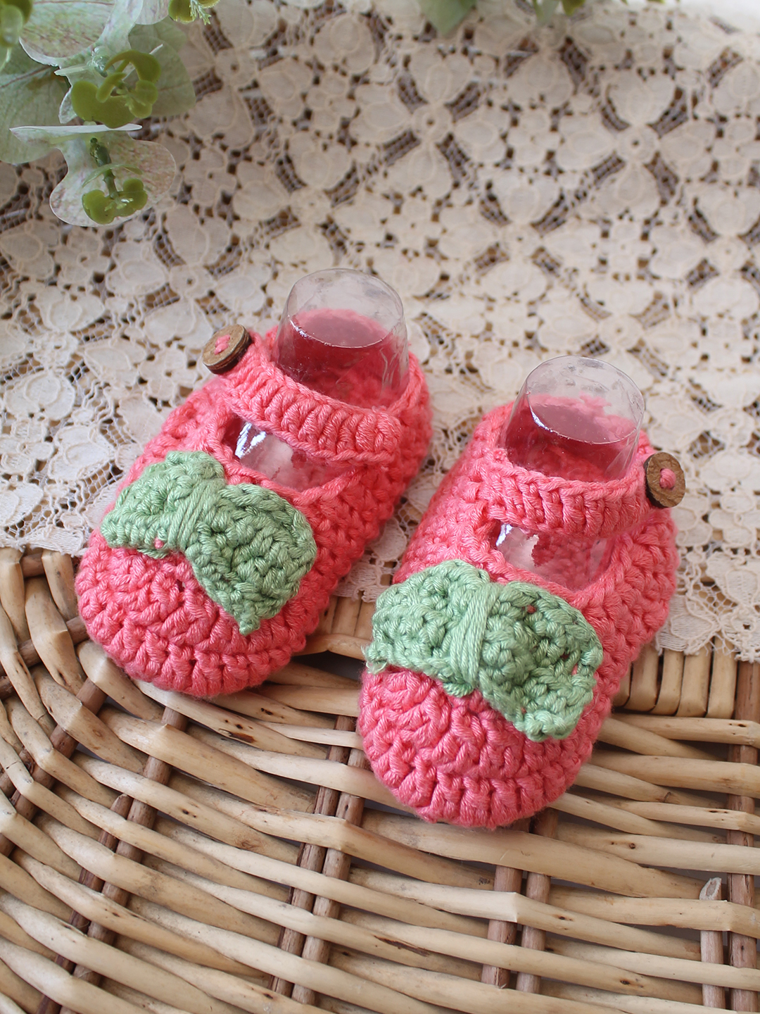 Woonie Cotton Bamboo Bow Detailed Summer Booties - Peach