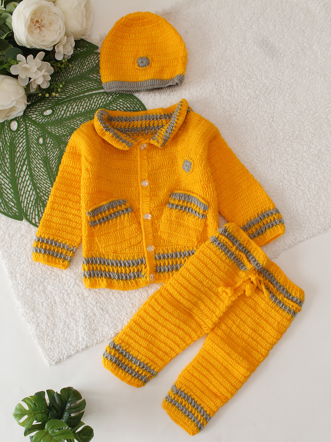 Woonie Pocket Detailing Sweater With Matching Pant and Cap Set - Yellow