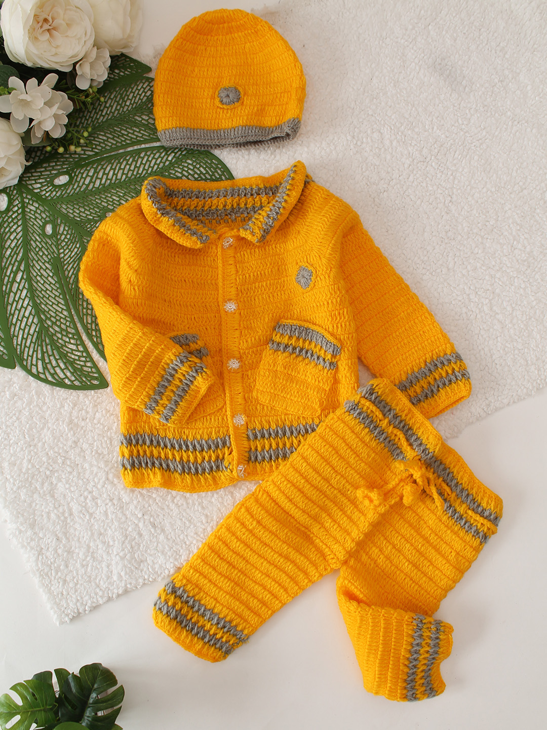 Woonie Pocket Detailing Sweater With Matching Pant and Cap Set - Yellow