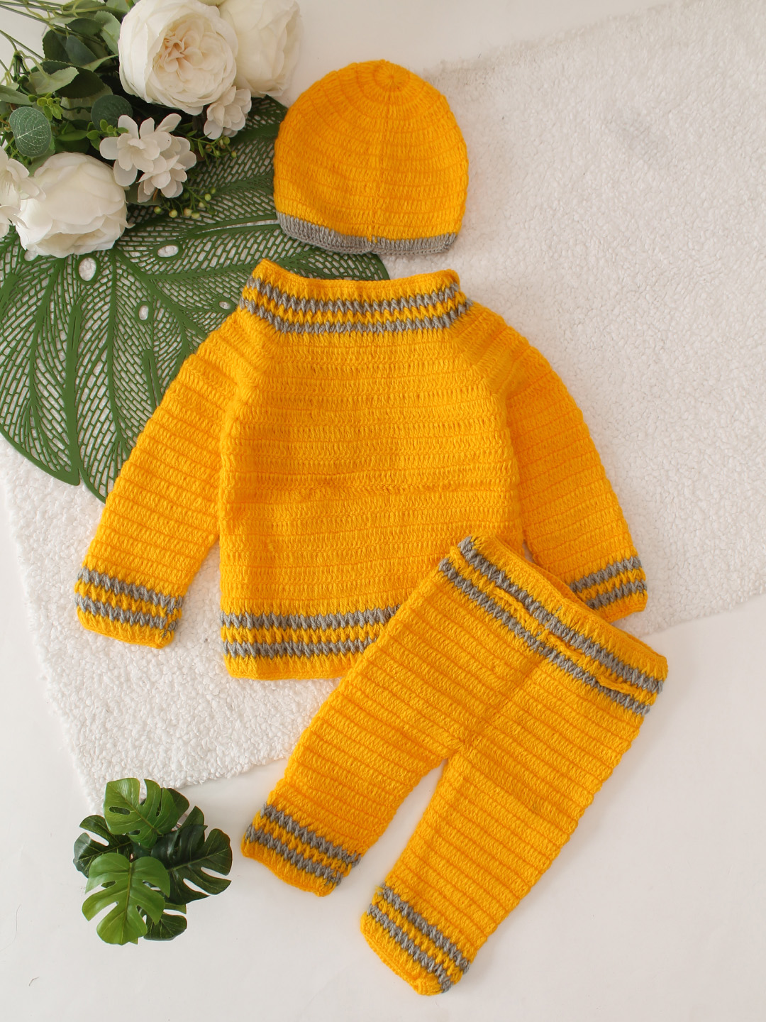 Woonie Pocket Detailing Sweater With Matching Pant and Cap Set - Yellow