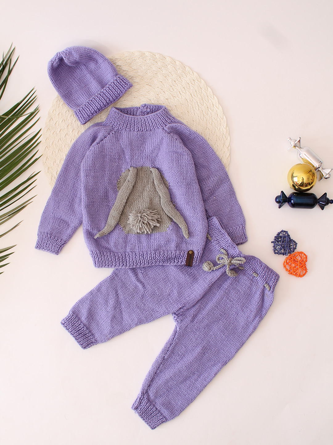 Woonie Bunny Ears Designed Sweater with Bottom Set with Cap - Purple