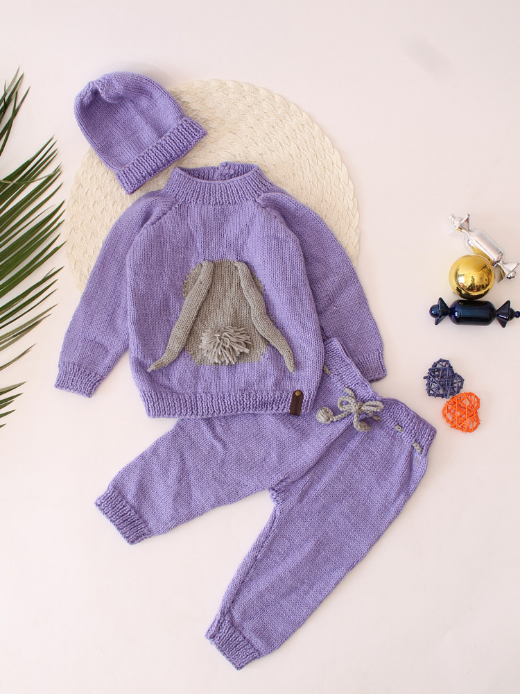 Image of Woonie Bunny Ears Designed Sweater with Bottom Set with Cap - Purple