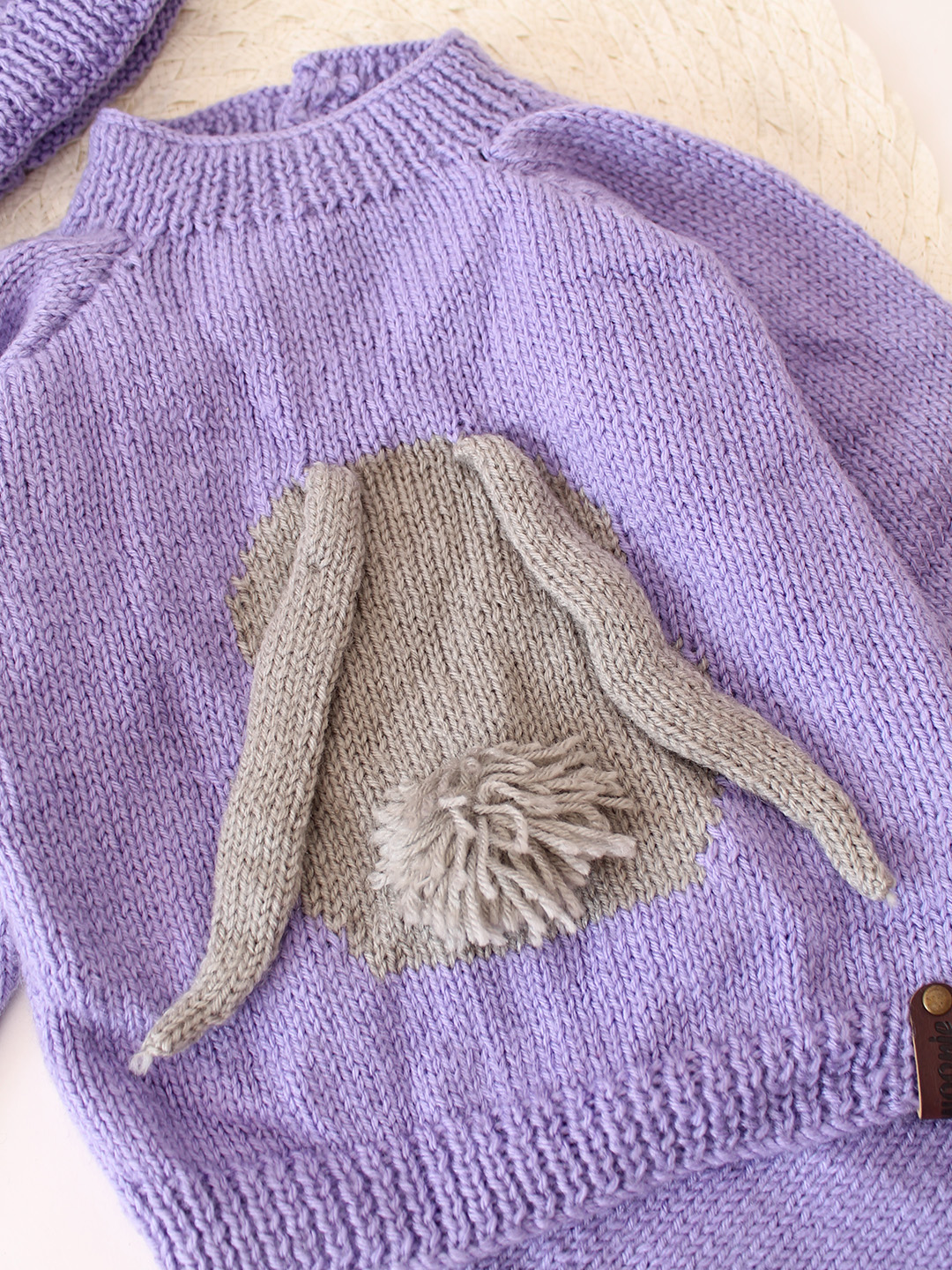 Woonie Bunny Ears Designed Sweater with Bottom Set with Cap - Purple