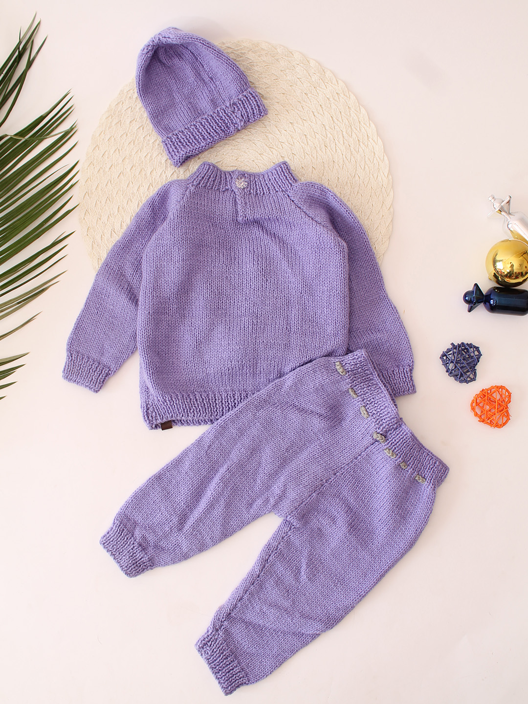 Woonie Bunny Ears Designed Sweater with Bottom Set with Cap - Purple