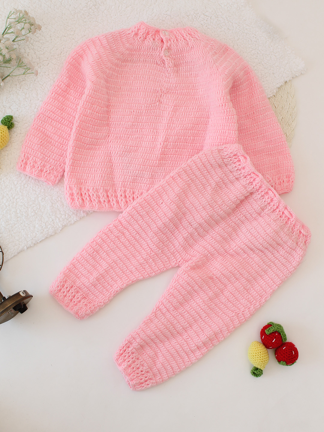 Woonie Big Eyes Designed Sweater with Bottom Set  - Pink