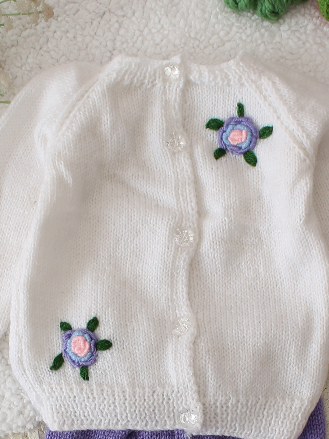 Woonie Floral Embroidered Cardigan with Bottom Set  - White