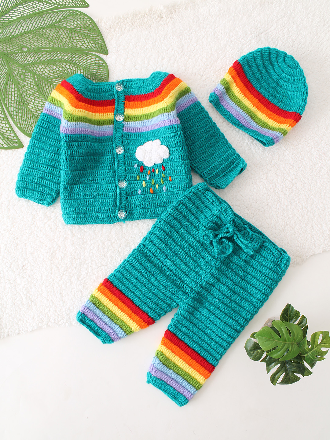 Woonie Cloud Designed Cardigan with Bottom and Cap - Green