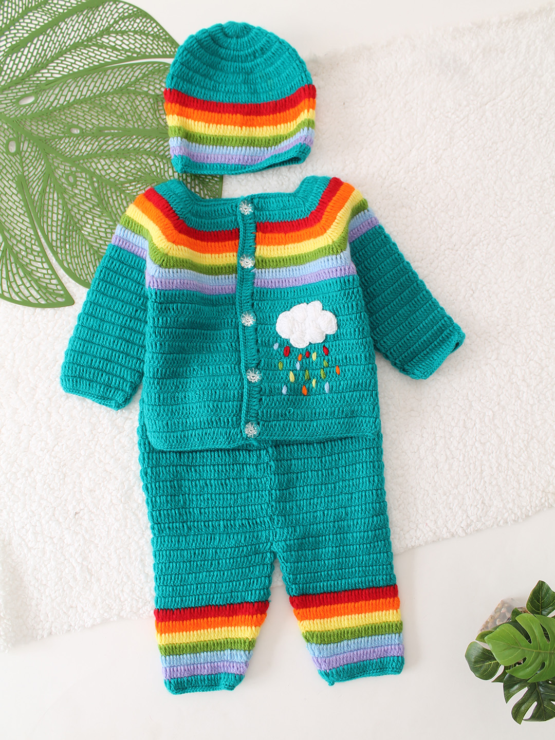 Woonie Cloud Designed Cardigan with Bottom and Cap - Green