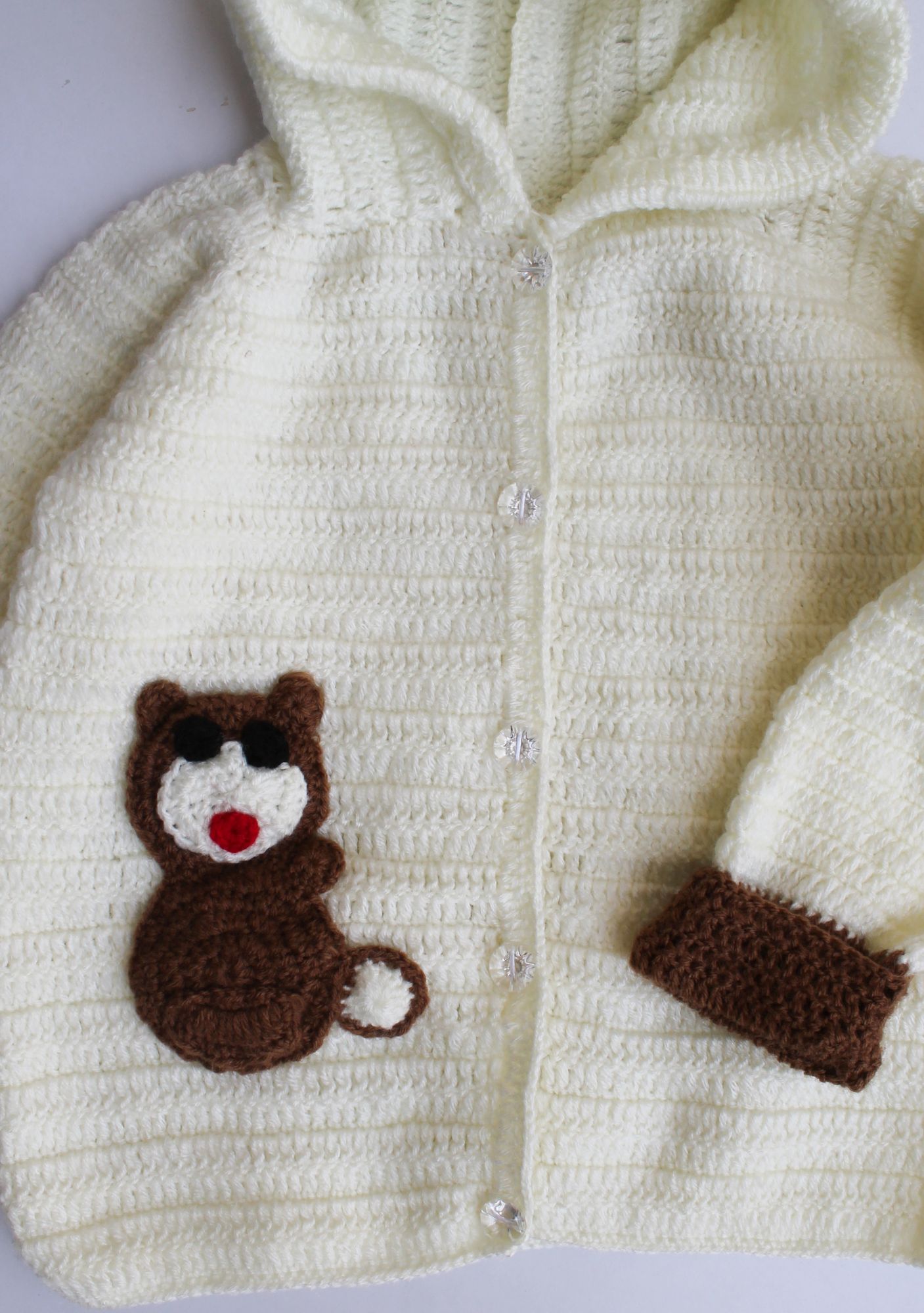 Woonie Full Sleeves Animal Design Handmade Hooded Sweater With Pants - Cream