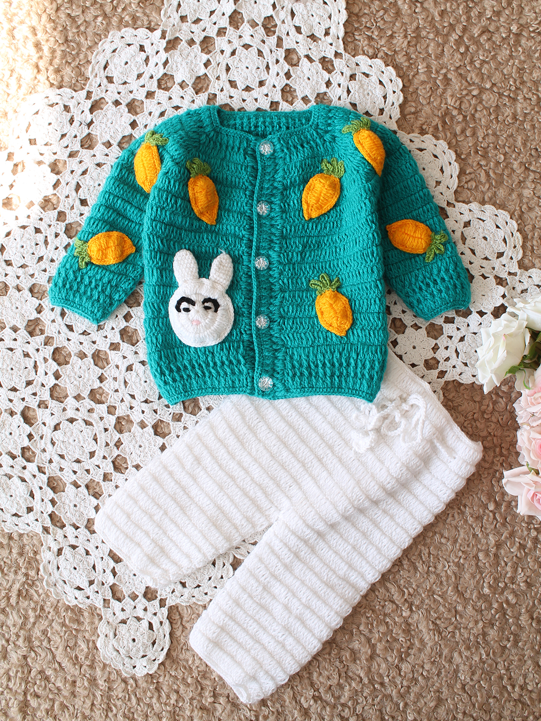 Woonie Carrot and Rabbit Applique Detailed Cardigan with Bottom Set - Green