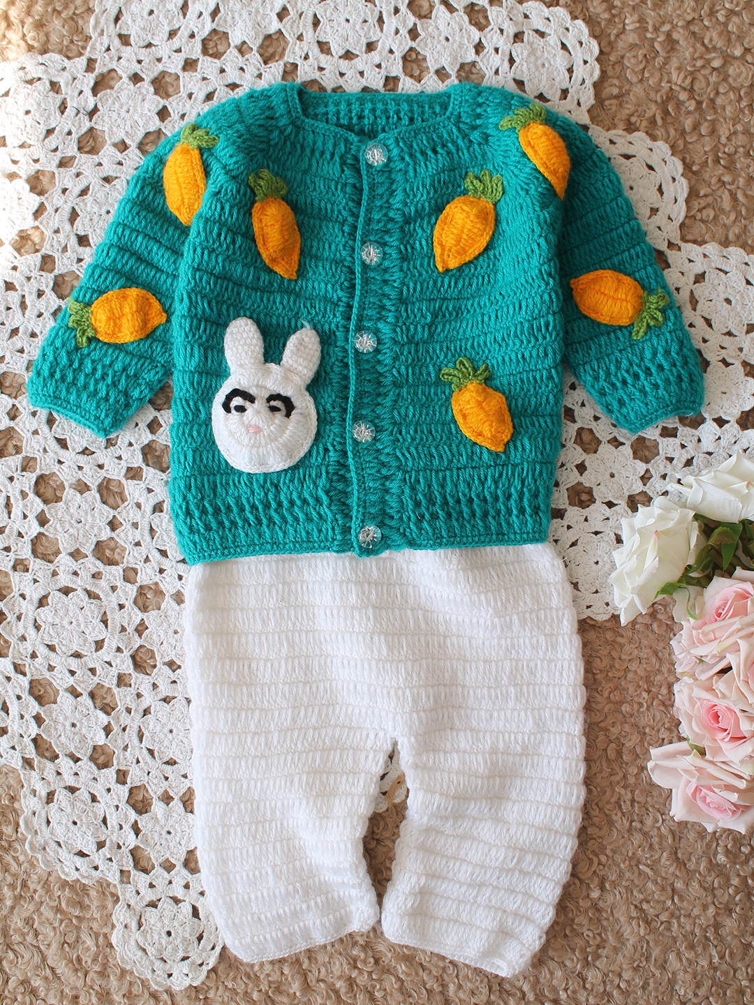 Woonie Carrot and Rabbit Applique Detailed Cardigan with Bottom Set - Green