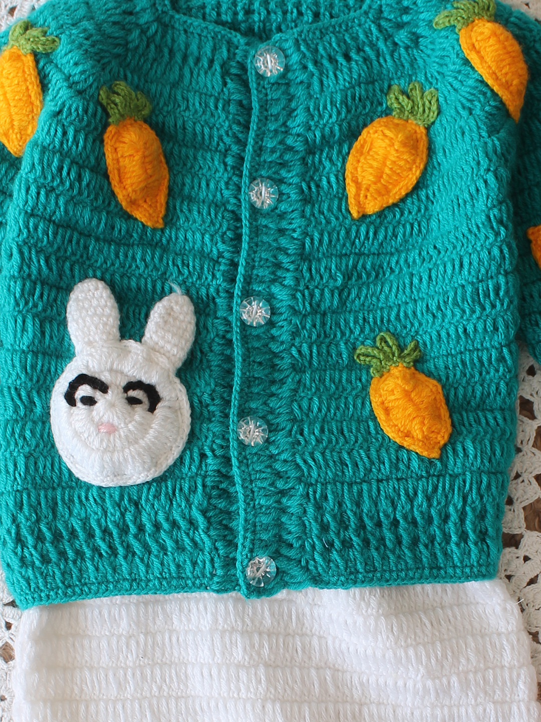 Woonie Carrot and Rabbit Applique Detailed Cardigan with Bottom Set - Green