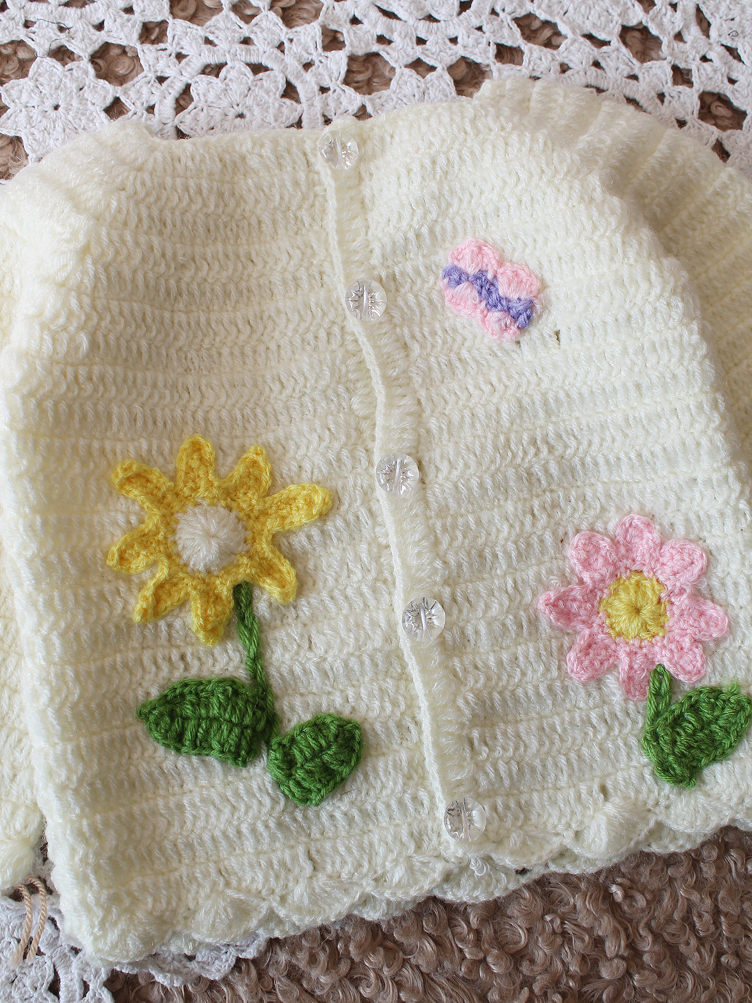 Woonie Floral Applique Detailed Cardigan with Bottom Set - Cream