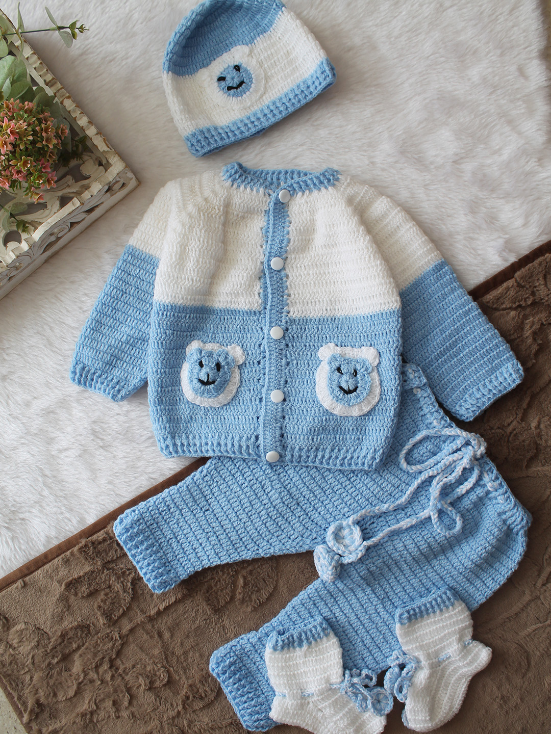 Woonie Crochet Bear Face Applique Sweater with Pant & Cap Socks Set - Sky Blue