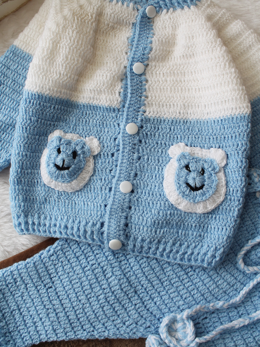 Woonie Crochet Bear Face Applique Sweater with Pant & Cap Socks Set - Sky Blue