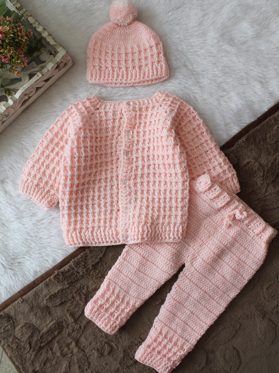 Woonie Crochet Sweater with Pant & Cap Set - Pink