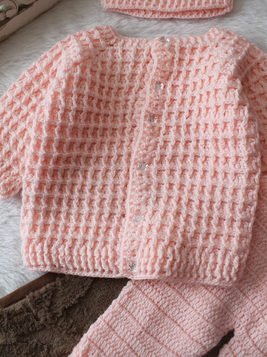 Woonie Crochet Sweater with Pant & Cap Set - Pink