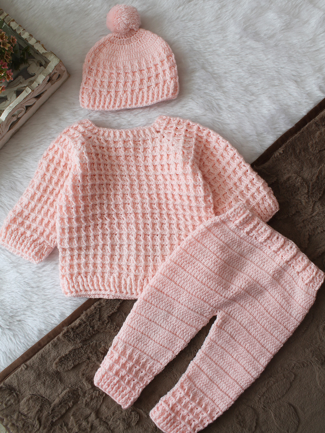 Woonie Crochet Sweater with Pant & Cap Set - Pink
