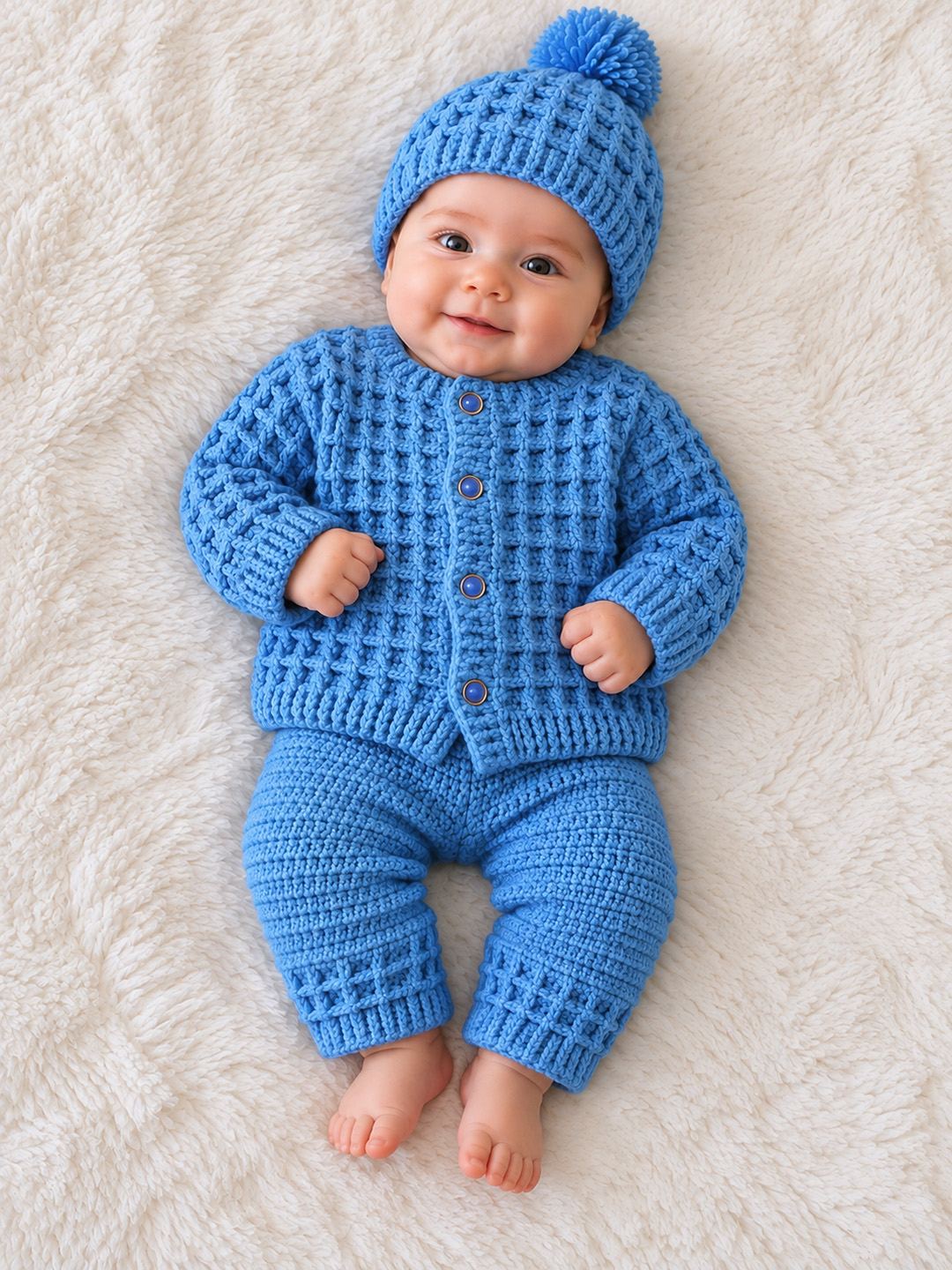 Woonie Crochet Sweater with Pant & Cap Set - Blue
