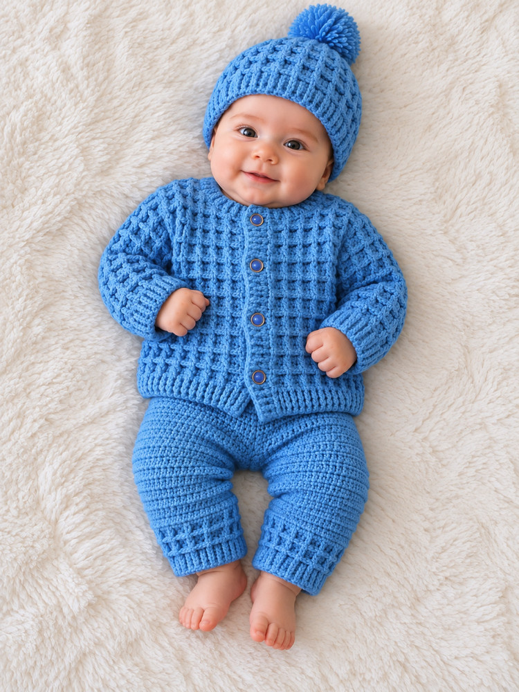 Image of Woonie Crochet Sweater with Pant &amp; Cap Set - Blue