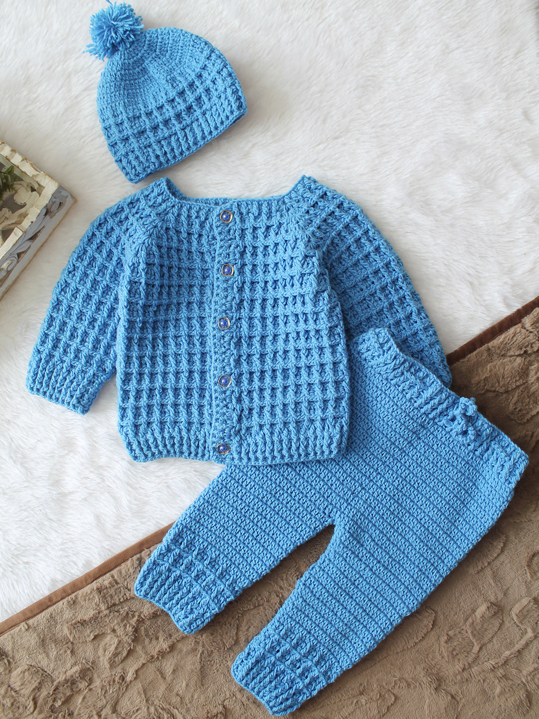 Woonie Crochet Sweater with Pant & Cap Set - Blue