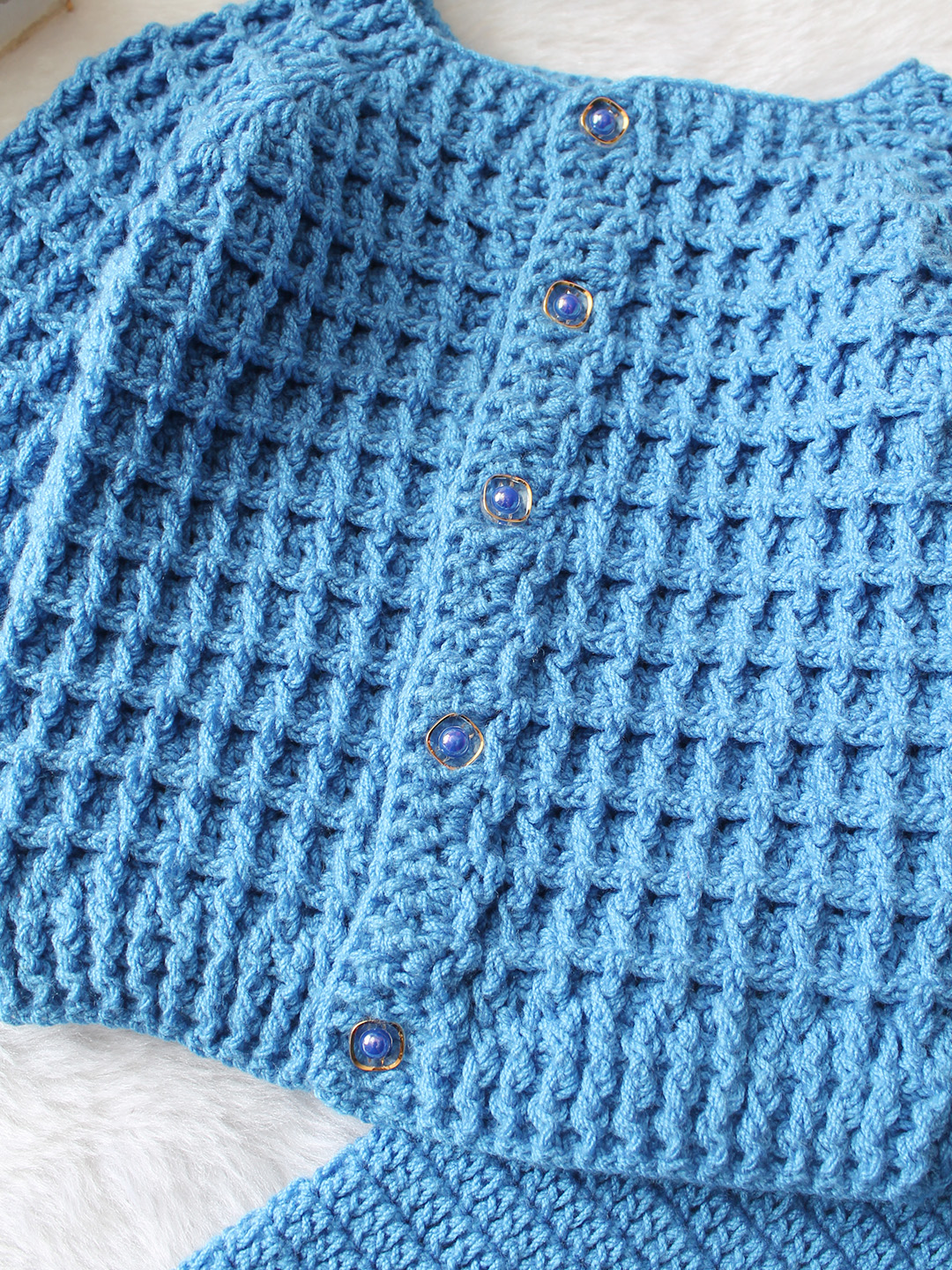 Woonie Crochet Sweater with Pant & Cap Set - Blue