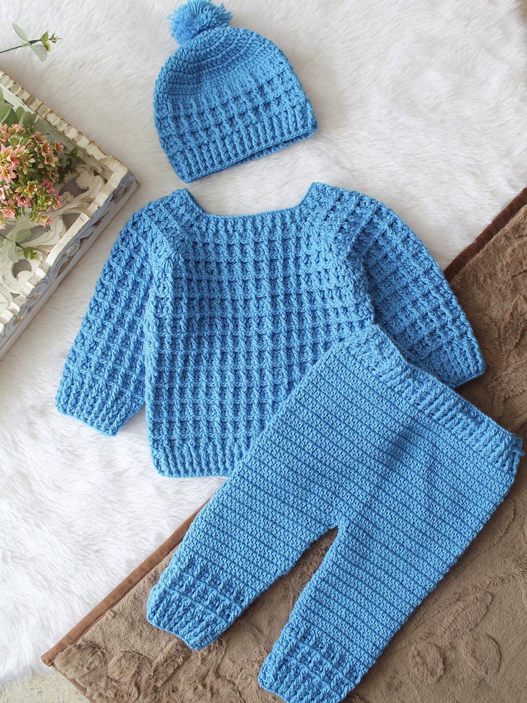 Woonie Crochet Sweater with Pant & Cap Set - Blue