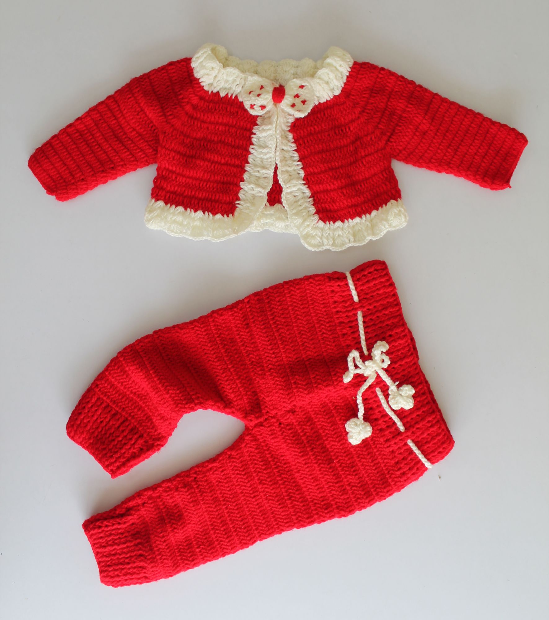 Woonie Full Length Bow Detailing Handmade Sweater With Pants - Red