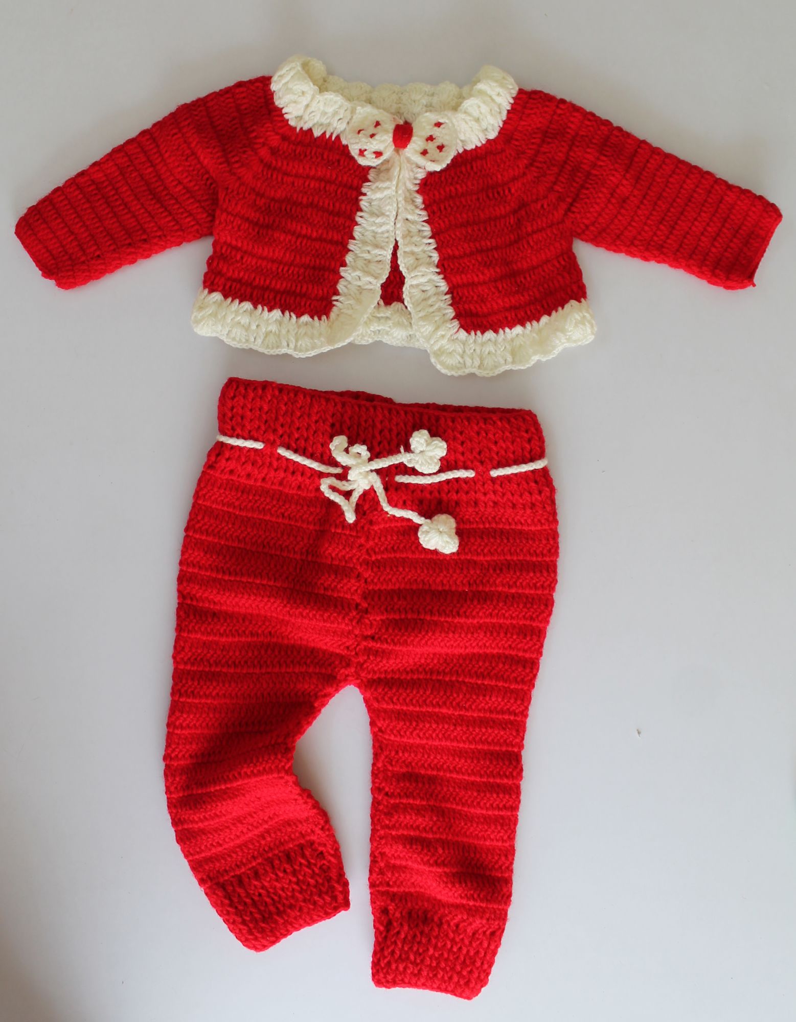 Woonie Full Length Bow Detailing Handmade Sweater With Pants - Red