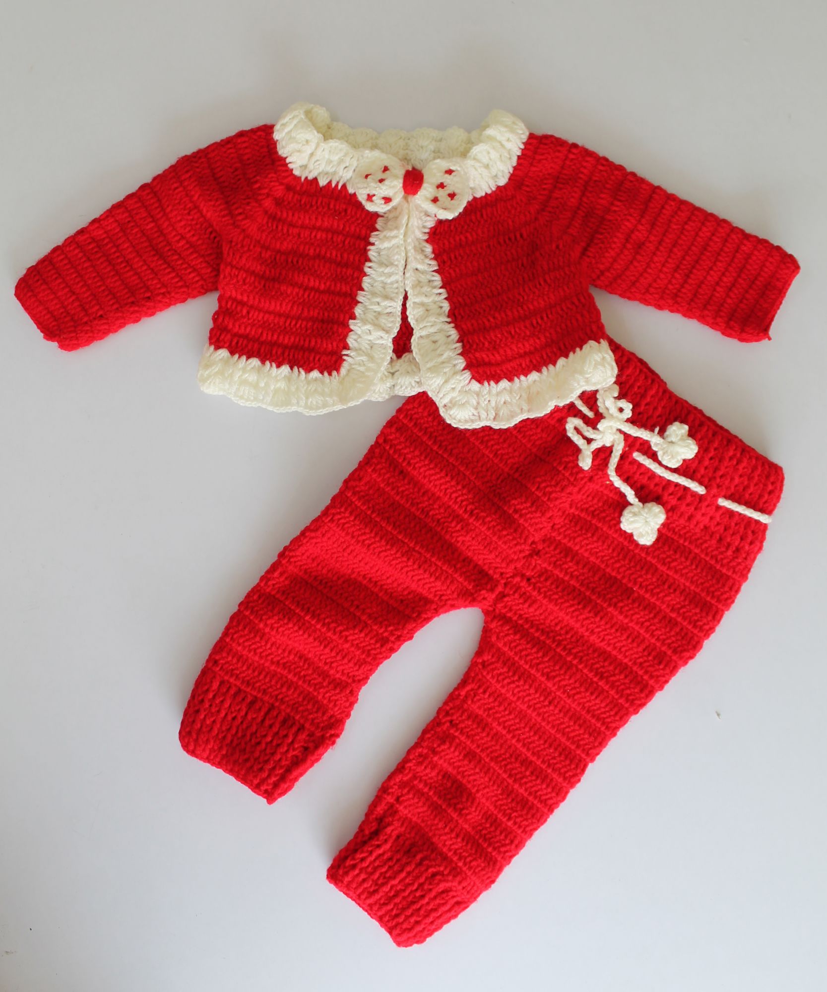 Woonie Full Length Bow Detailing Handmade Sweater With Pants - Red