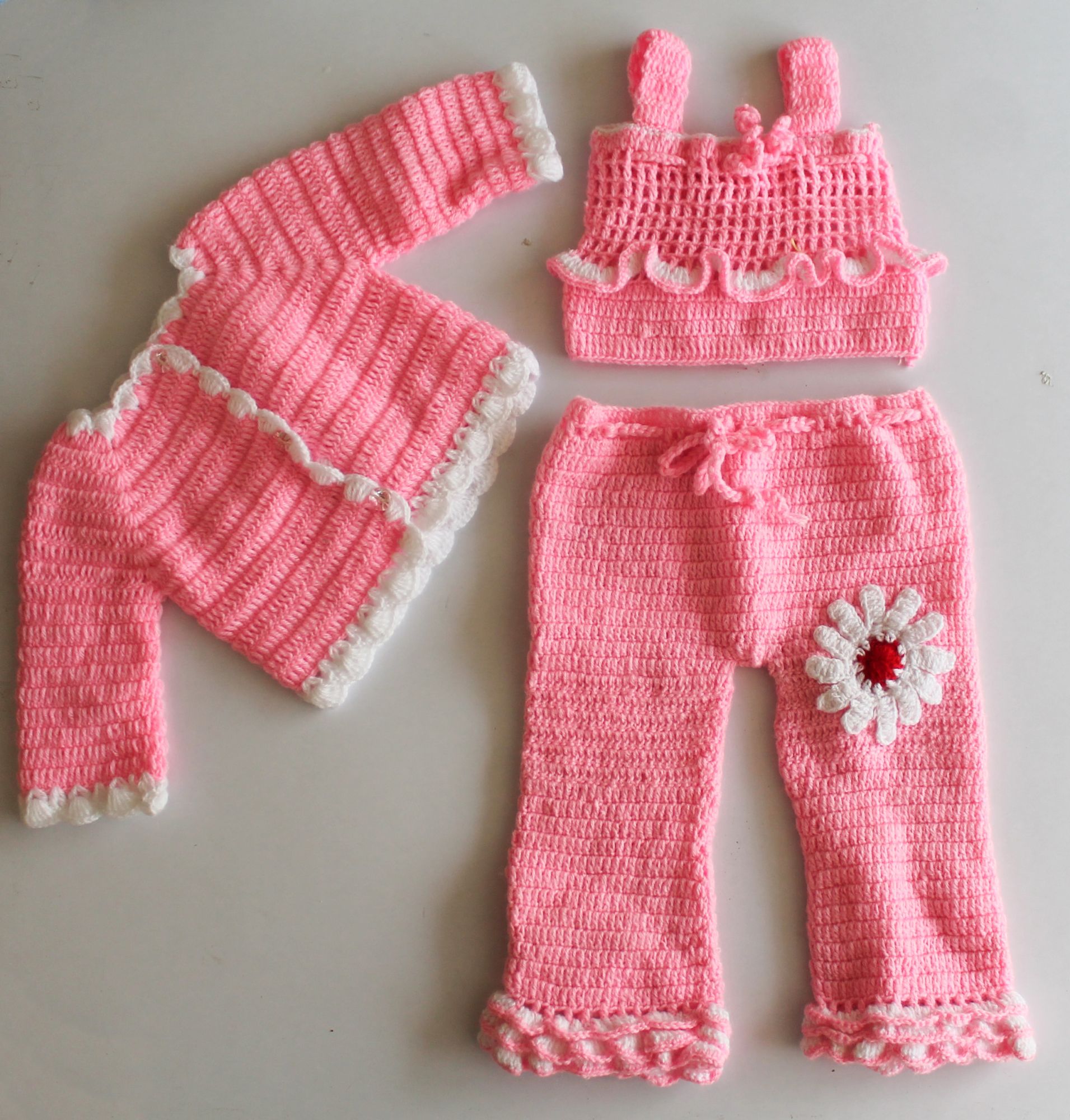 Woonie Sleeveless Handmade Crop Top With Bottom An Jacket-Pink