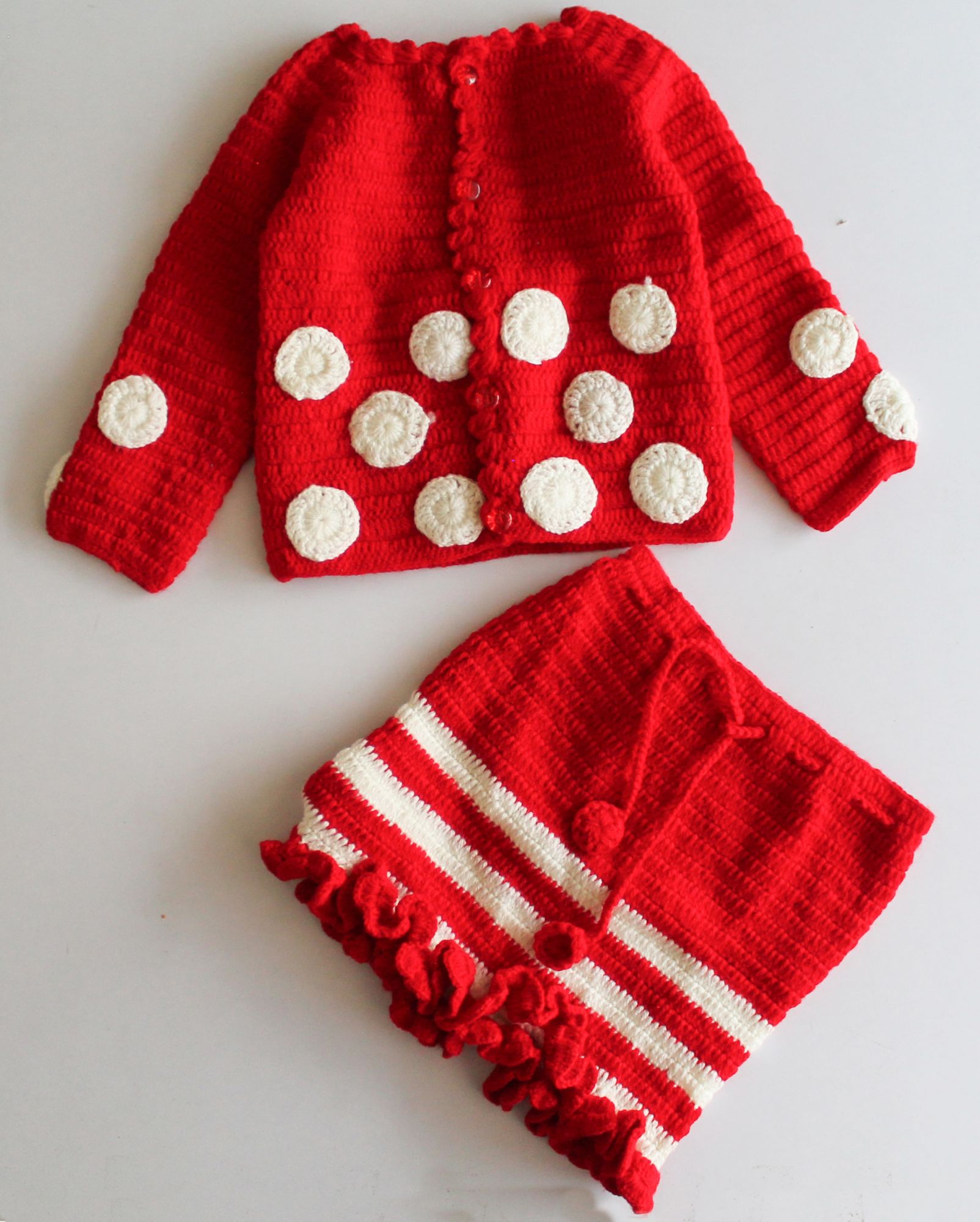 Woonie Handmade Full Sleeves Polka Dot Cardigan With Striped Skirt - Red