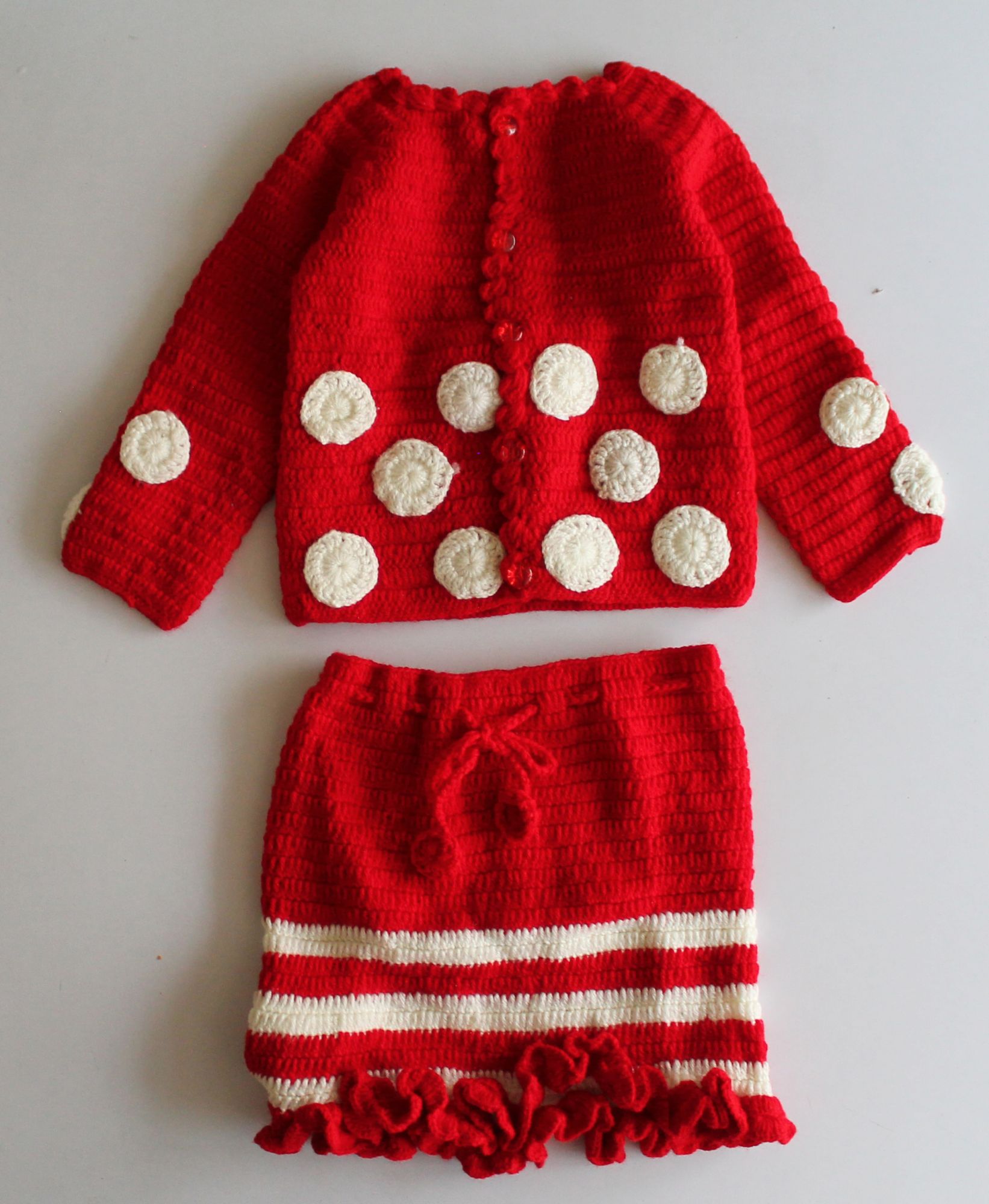 Woonie Handmade Full Sleeves Polka Dot Cardigan With Striped Skirt - Red