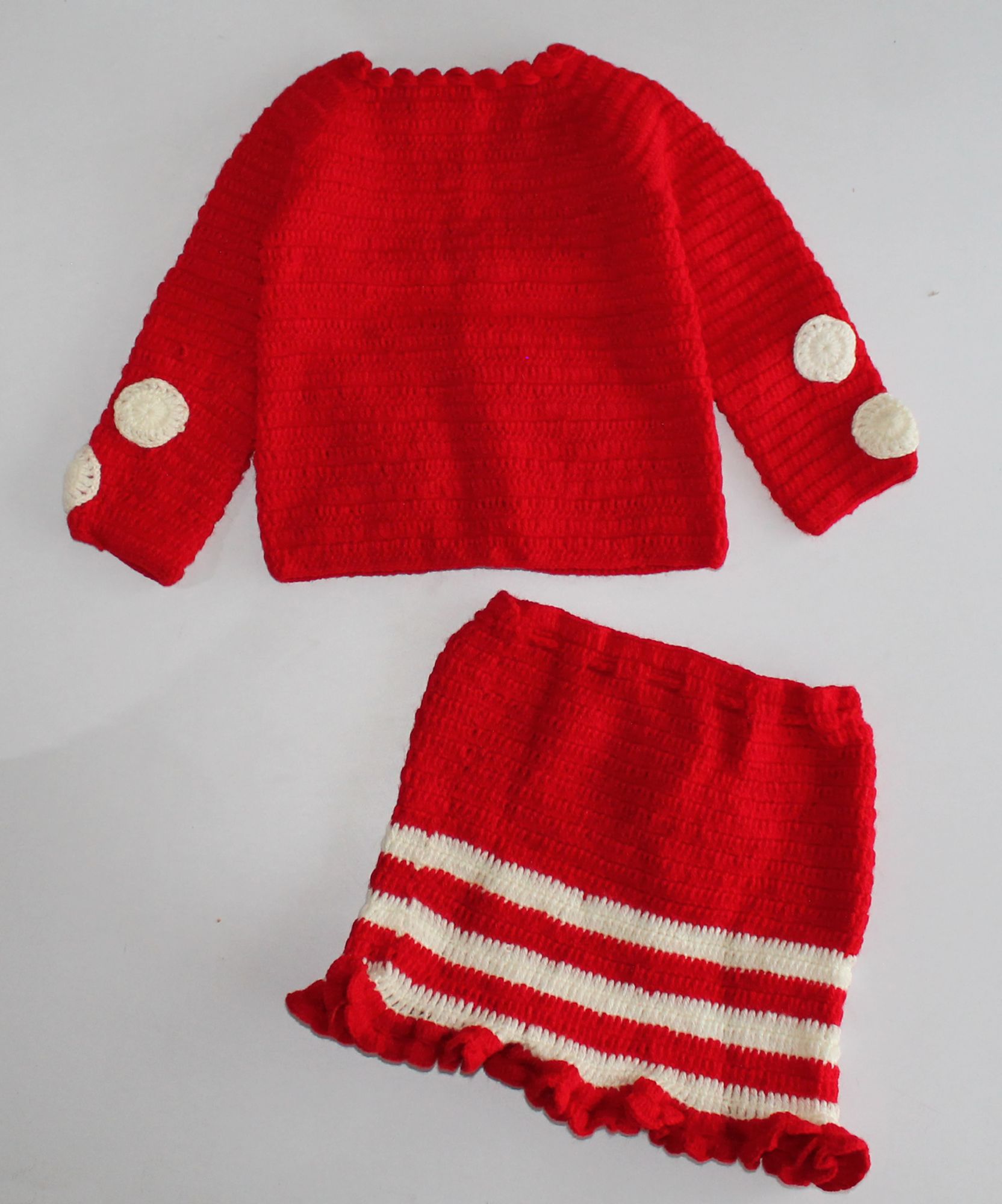 Woonie Handmade Full Sleeves Polka Dot Cardigan With Striped Skirt - Red