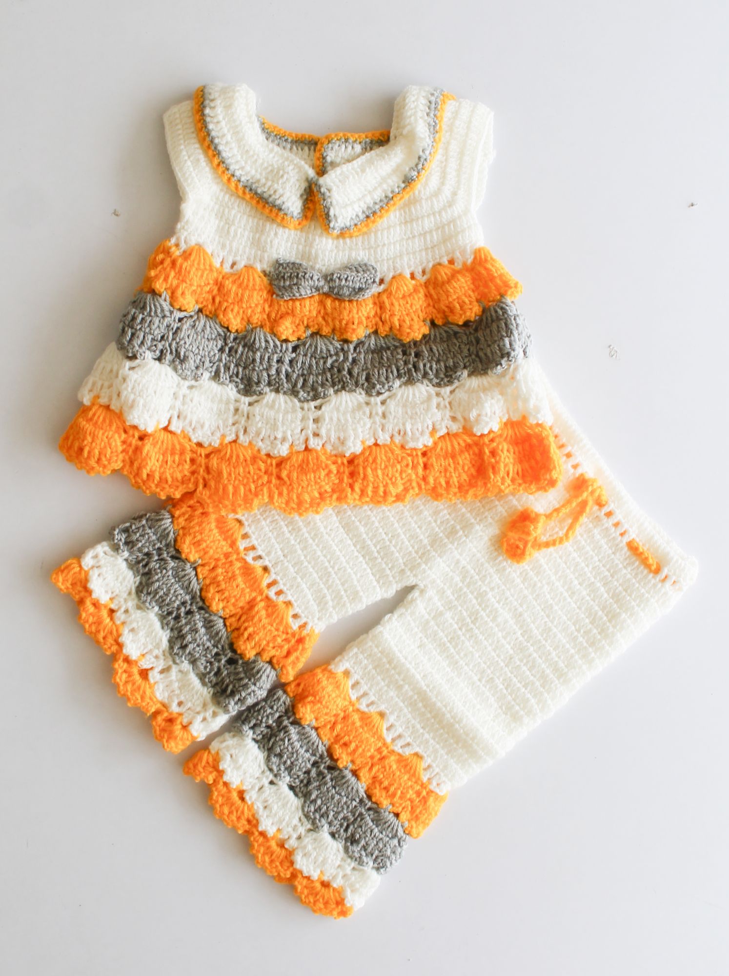 Woonie Handmade Sleeveless Shell Patterned Top With Flared Pants - Orange