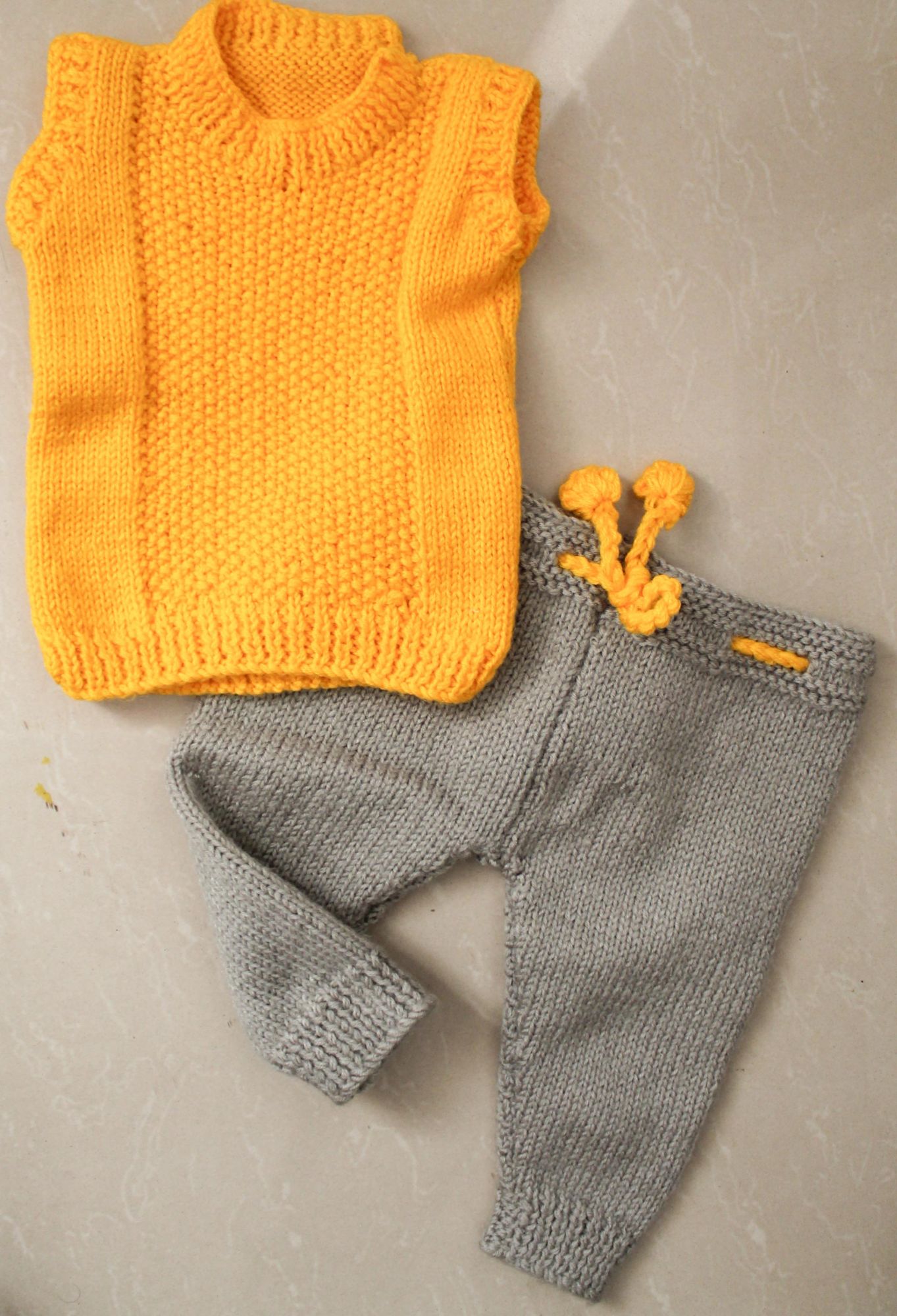 Woonie Handmade Sleeveless Sweater With Pant-Orange& Grey