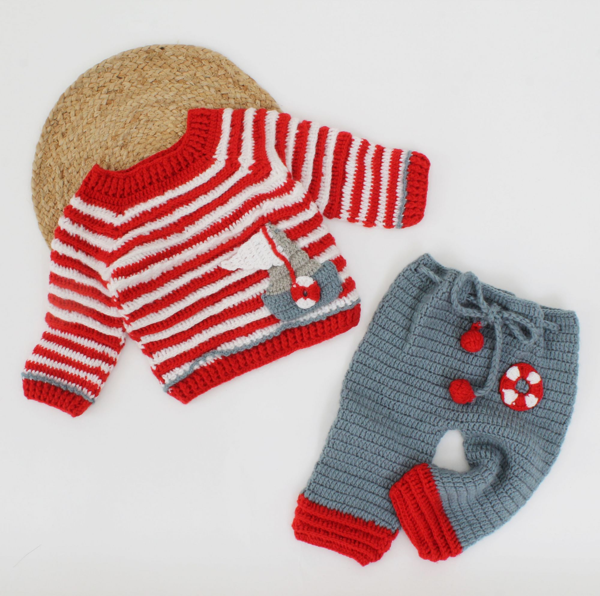 Handmade Full Sleeves Boat Detailing Sweater with Pant-Red & Grey