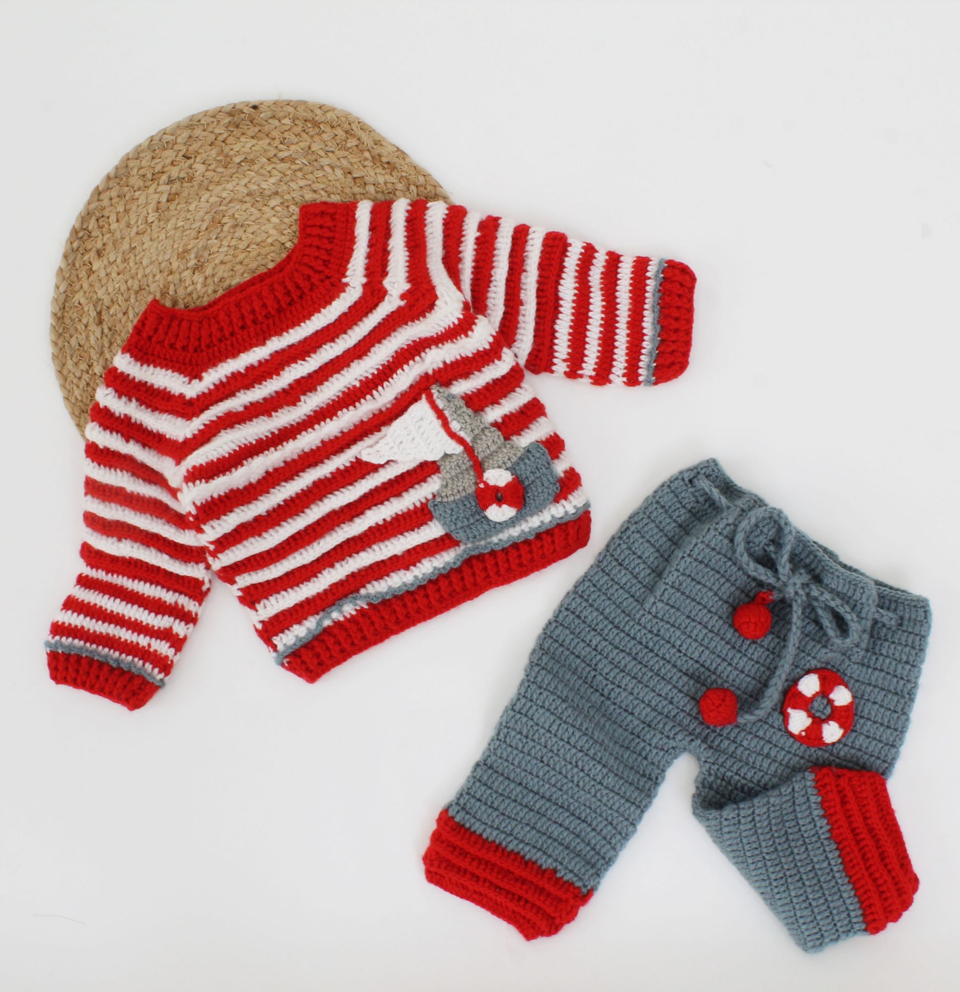 Handmade Full Sleeves Boat Detailing Sweater with Pant-Red & Grey