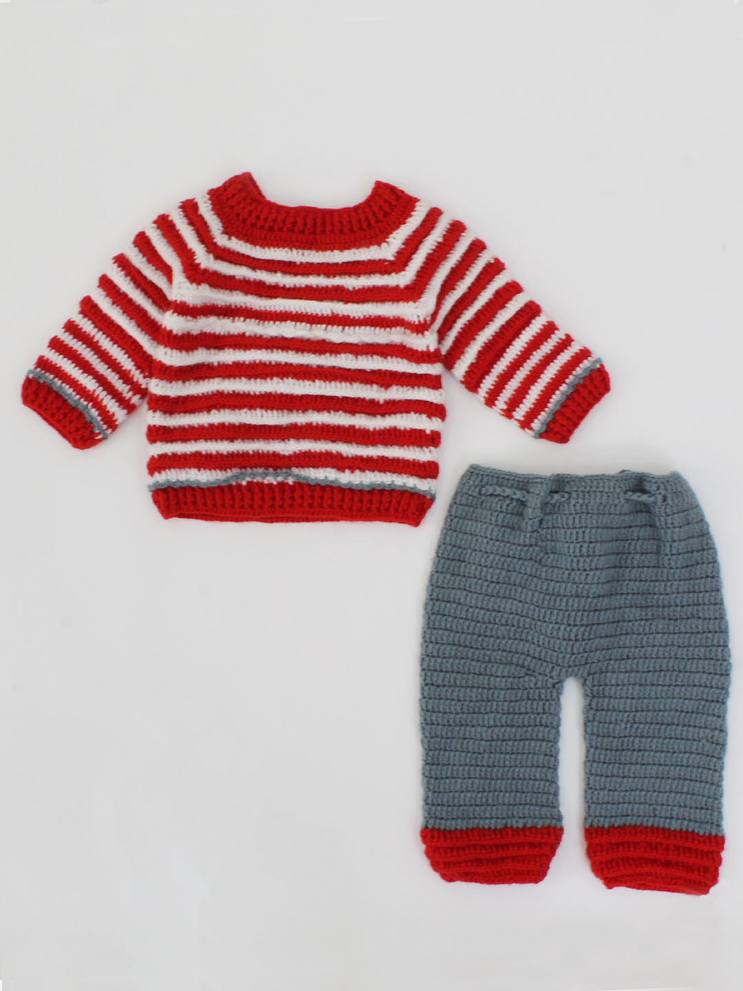 Handmade Full Sleeves Boat Detailing Sweater with Pant-Red & Grey