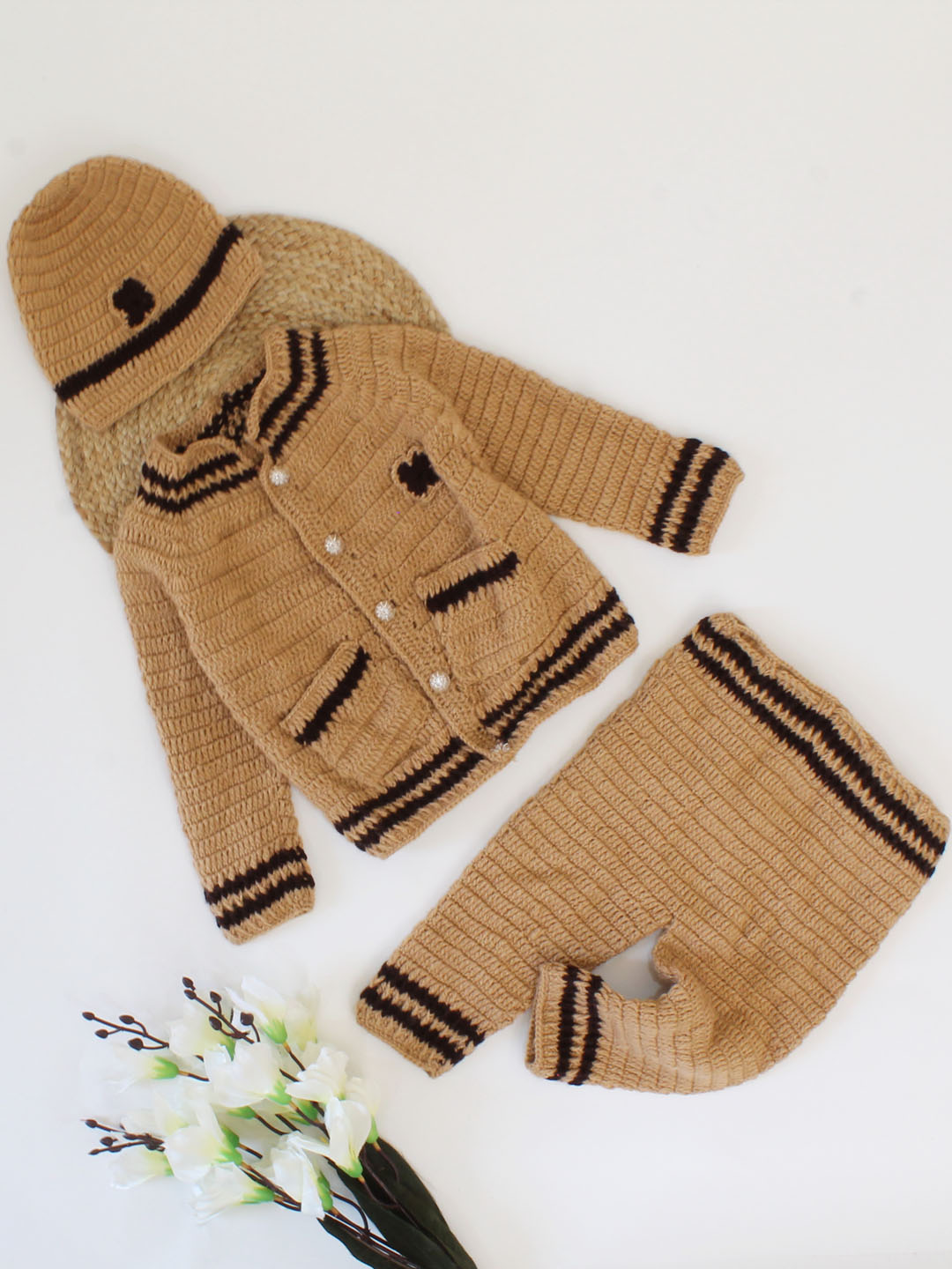 Handmade Full Sleeves Pocket Detailing Sweater with Pant & Cap-Brown