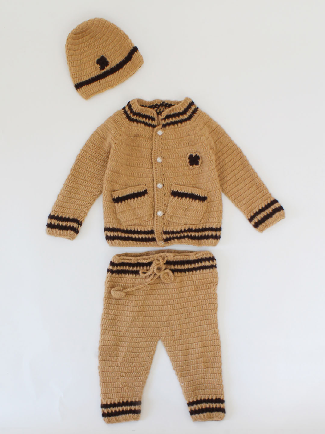 Handmade Full Sleeves Pocket Detailing Sweater with Pant & Cap-Brown