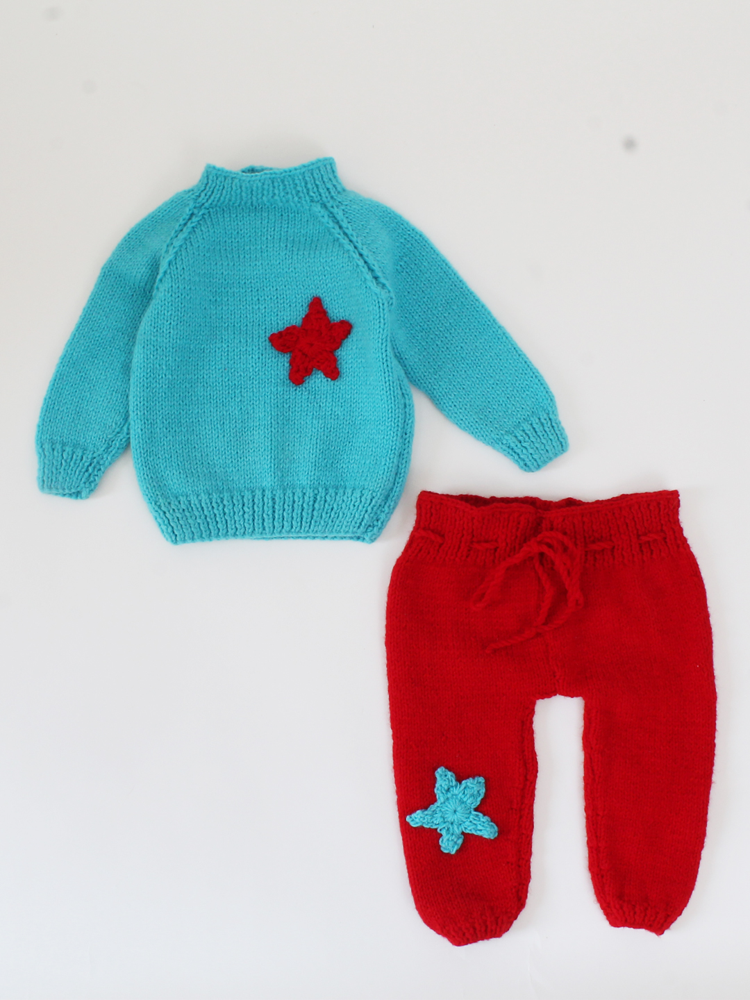 Handmade Full Sleeves Knitted Star Detailing Sweater With Pant-Brown