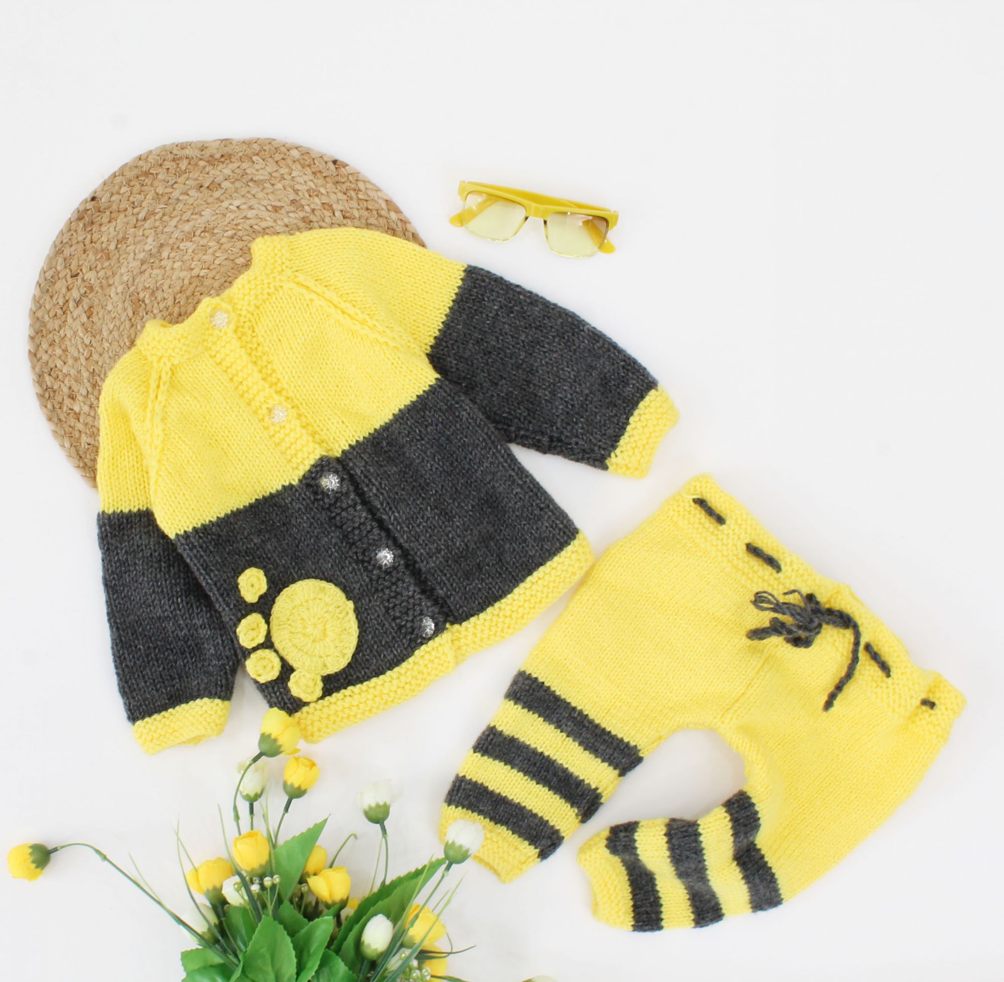 Handmade Full Sleeves Knitted Paw Detailing Sweater With Pant-Yellow & Black