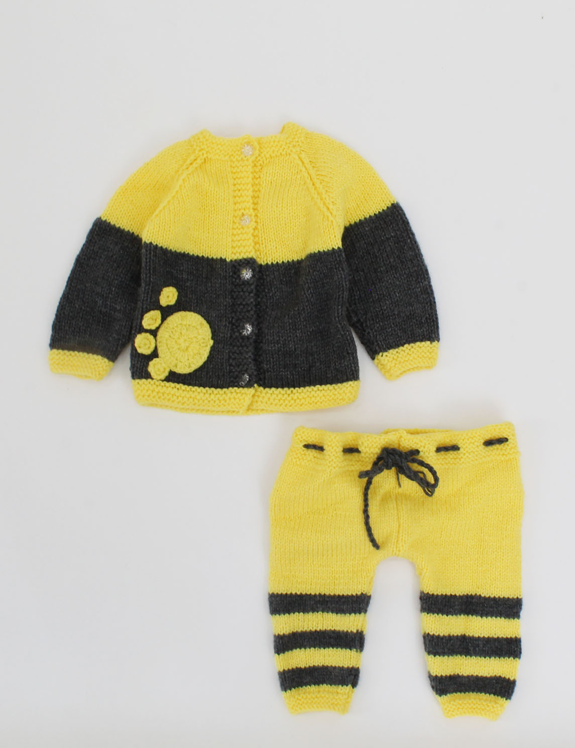 Handmade Full Sleeves Knitted Paw Detailing Sweater With Pant-Yellow & Black