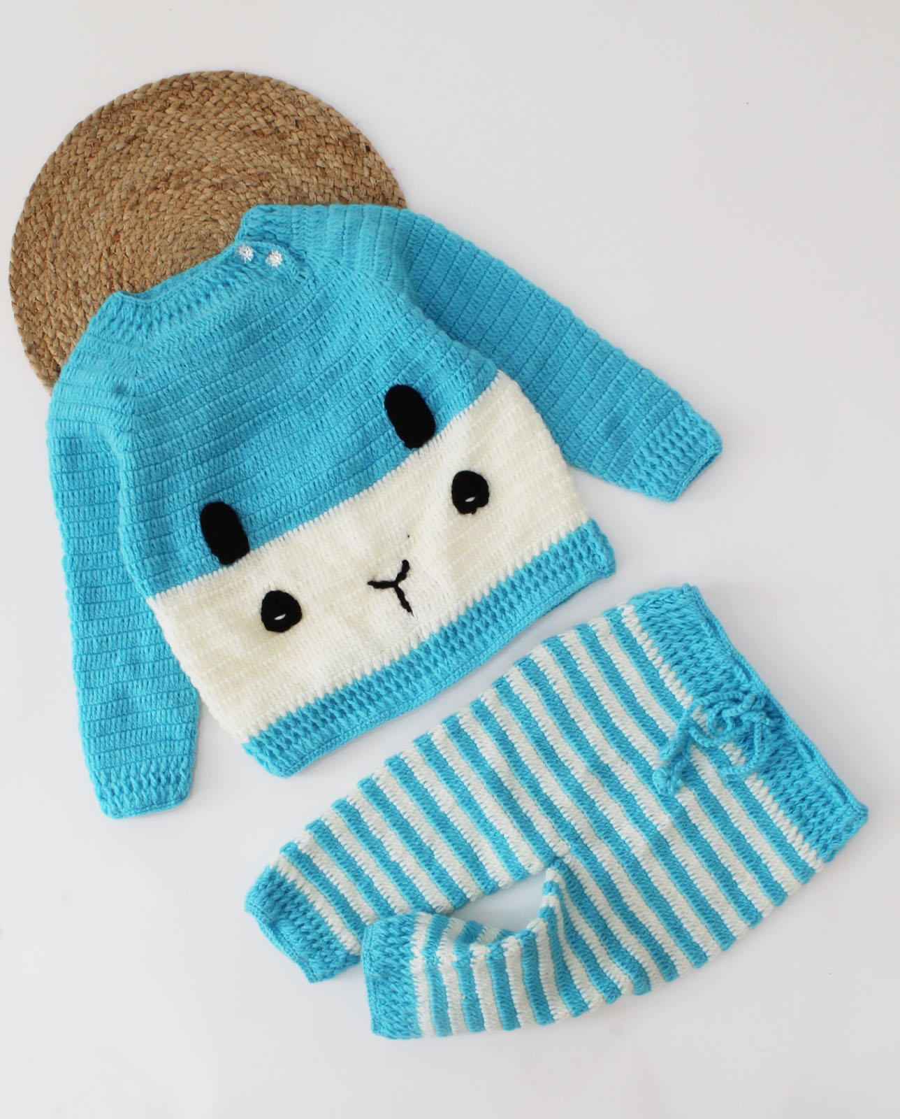 Handmade Full Sleeves Bunny Fcae Detailing Sweater With Pant-Blue & White