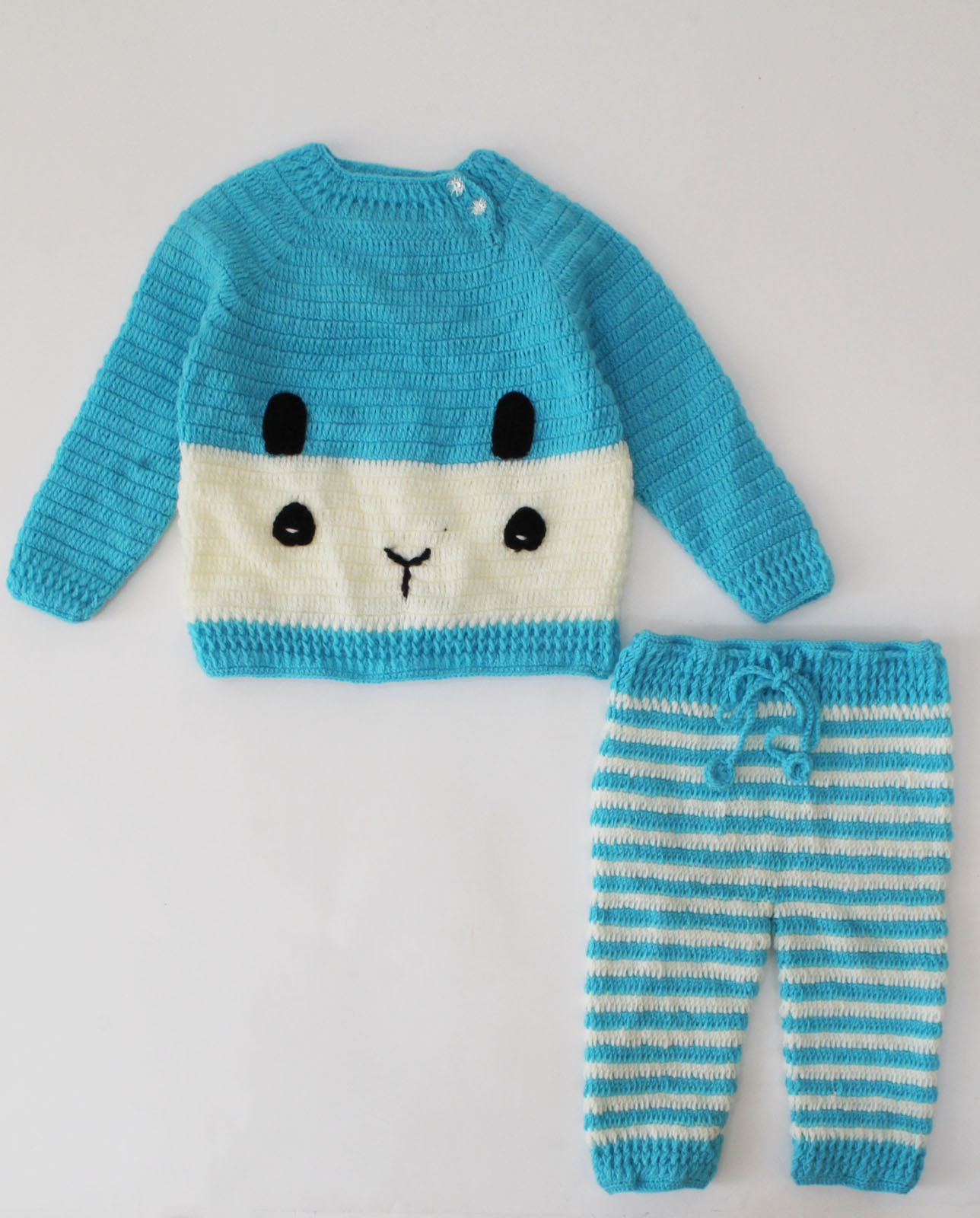 Handmade Full Sleeves Bunny Fcae Detailing Sweater With Pant-Blue & White