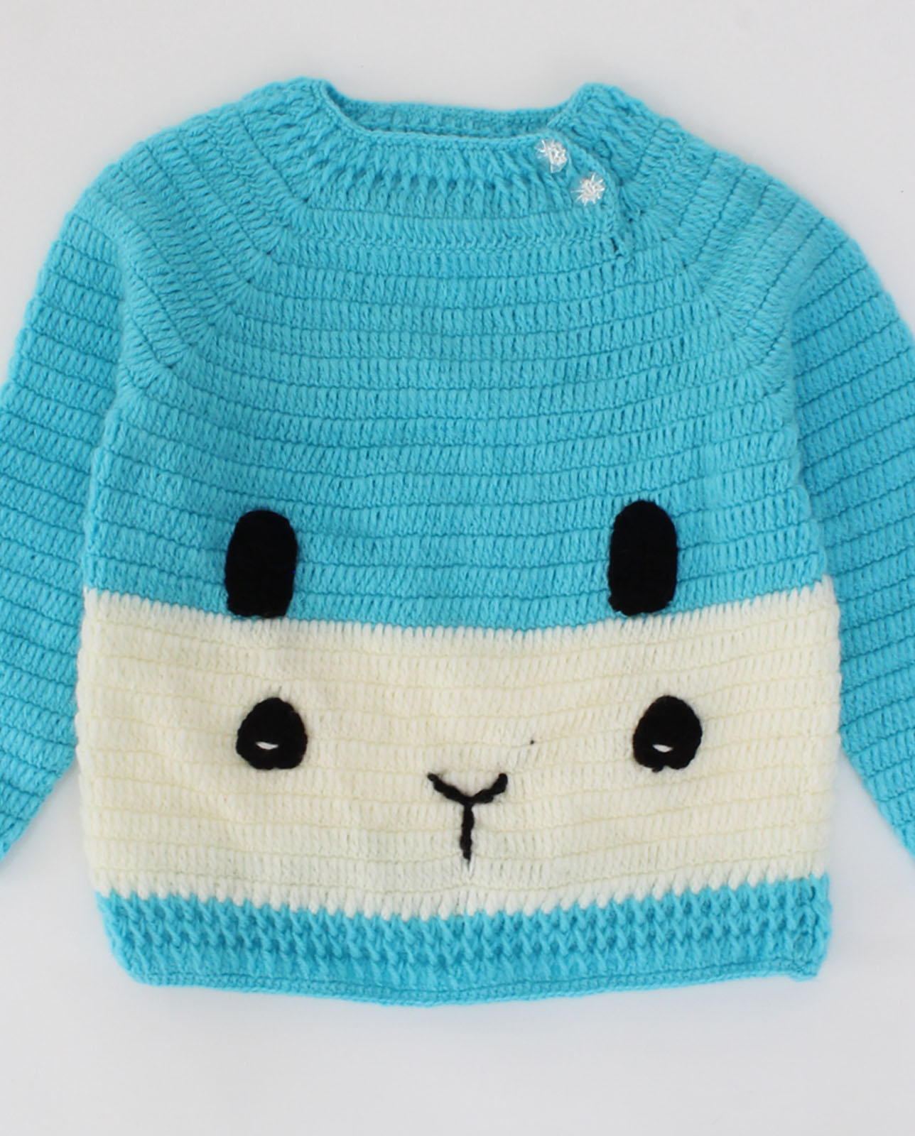 Handmade Full Sleeves Bunny Fcae Detailing Sweater With Pant-Blue & White