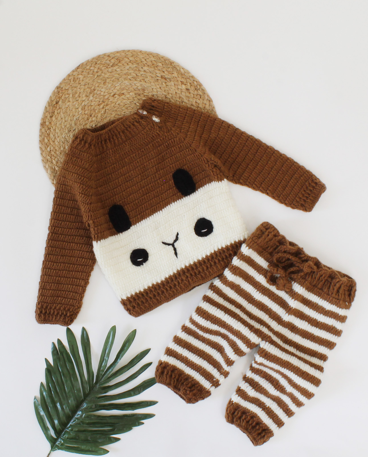 Handmade Crochet Full Sleeves Face Detailing Sweater With Striped Pant-Brown