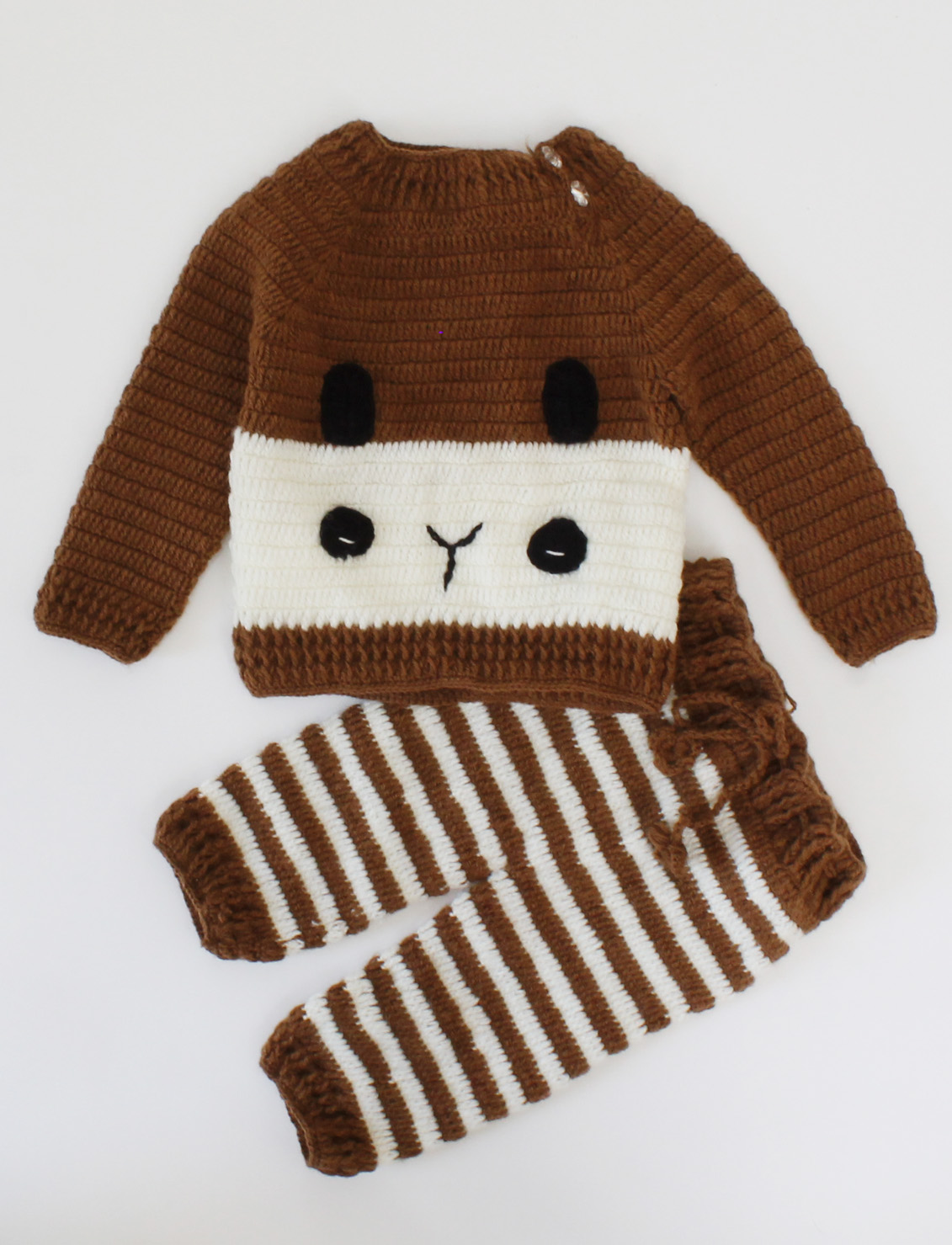 Handmade Crochet Full Sleeves Face Detailing Sweater With Striped Pant-Brown